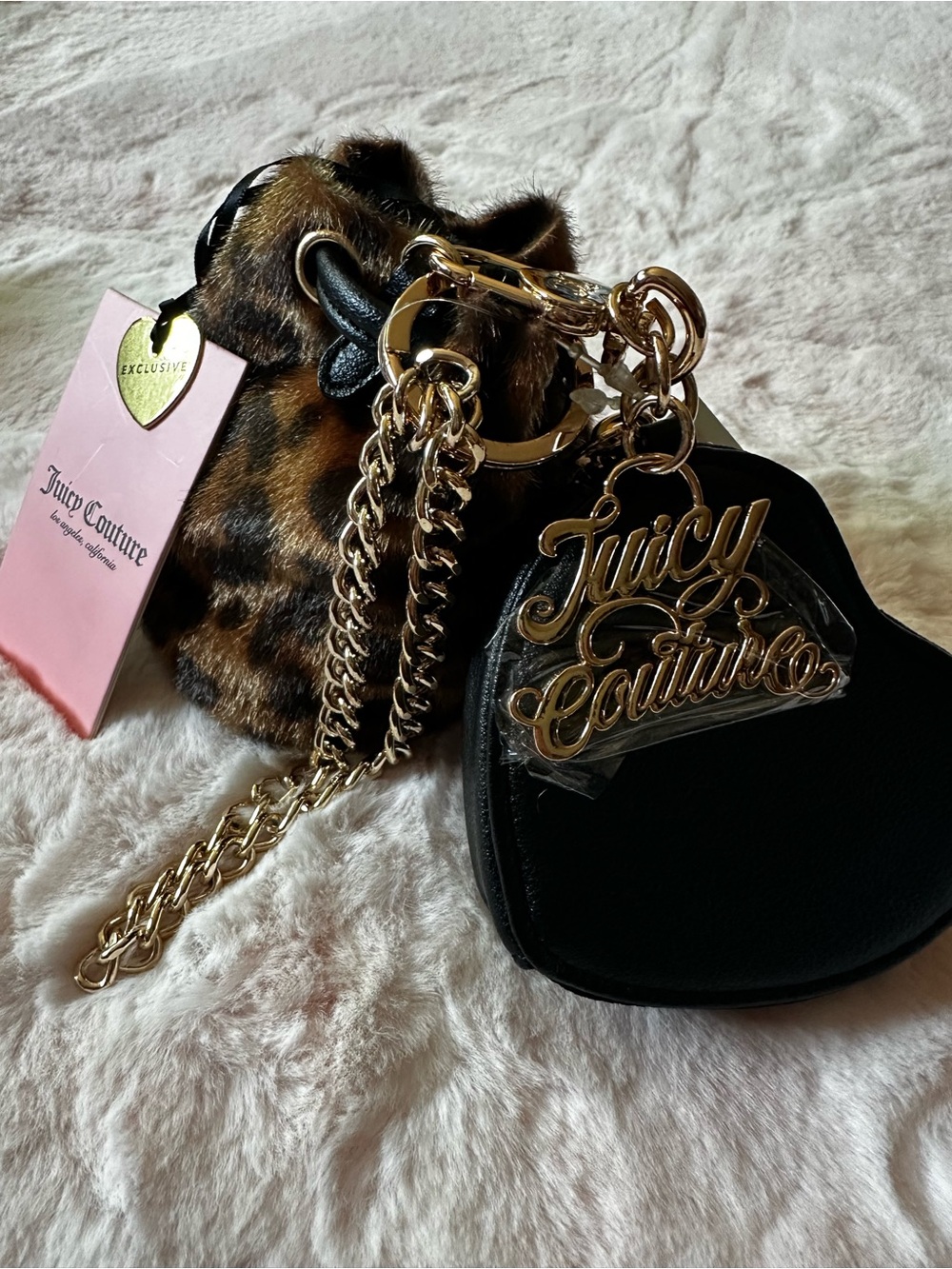 Juicy Couture Black Heart & Leopard Faux Fur Draw String NWT Coin Purse Wristlet